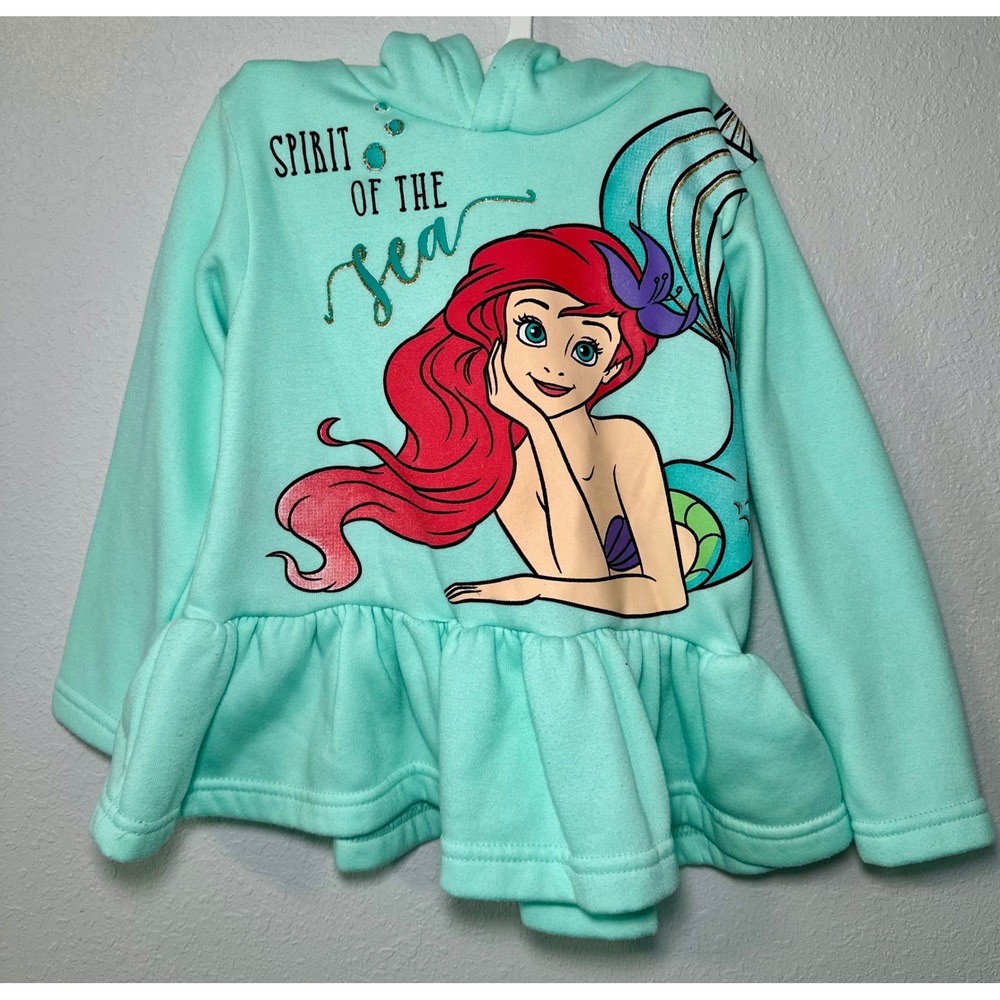 Disney Princess Ariel Peplum Hoodie Kids 5/6 Aqua Excellent Glitter Graphic